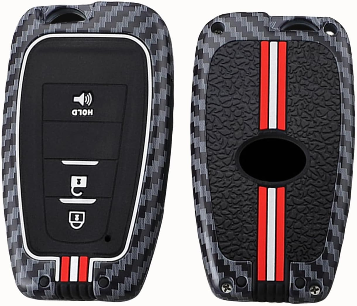 KUNIO Fit for Toyota Camry RAV4 Fluorescent Car Key Fob Cover Case Fit for Highlander Avalon GT86 Prius Carbon Fiber Pattern Metal Key Holder Accessories 3 Button Klaxon Red White-Lanyard Keychain