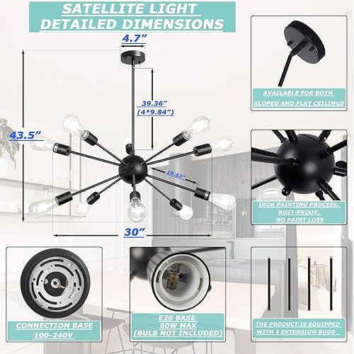 Miniatura 2 de Sputnik Candelabros de 10 luces modernas para comedor, altura ajustable, lámpara colgante de techo industrial vintage para comedor, isla de cocina,