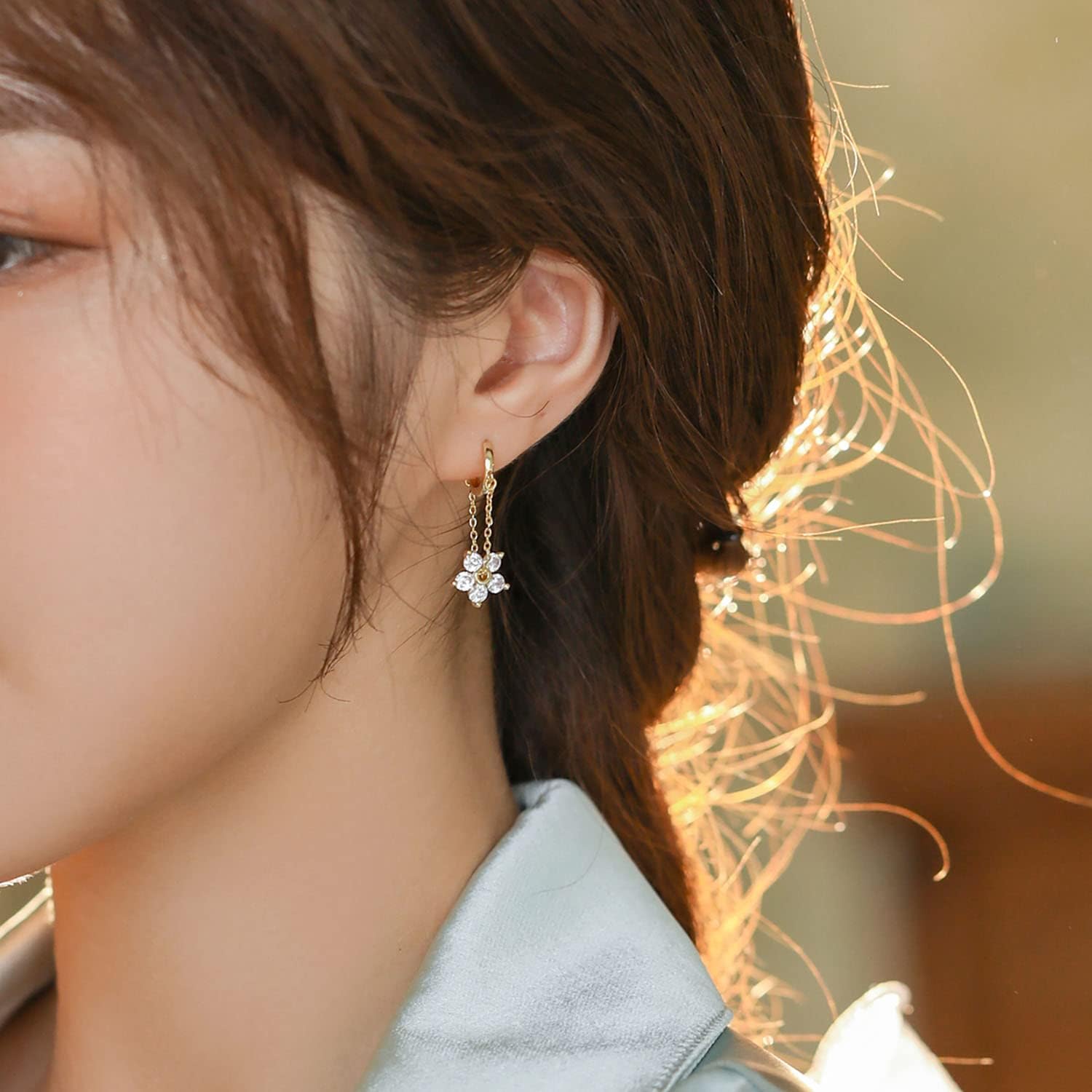 Reffeer 925 Sterling Silver Flower Chain Drop Earrings Hoop for Women Teens Huggie Hoop Dangle Earrings Chain - Image 2