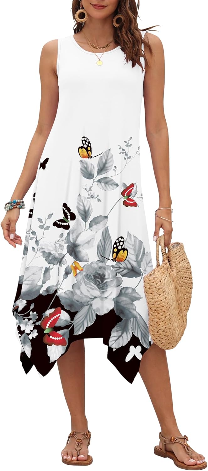 AUSELILY Women's Summer Dresses 2026 Casual Sleeveless Sundress Asymmetrical Hem Midi Tank Beach Dress with Pockets - Image 2