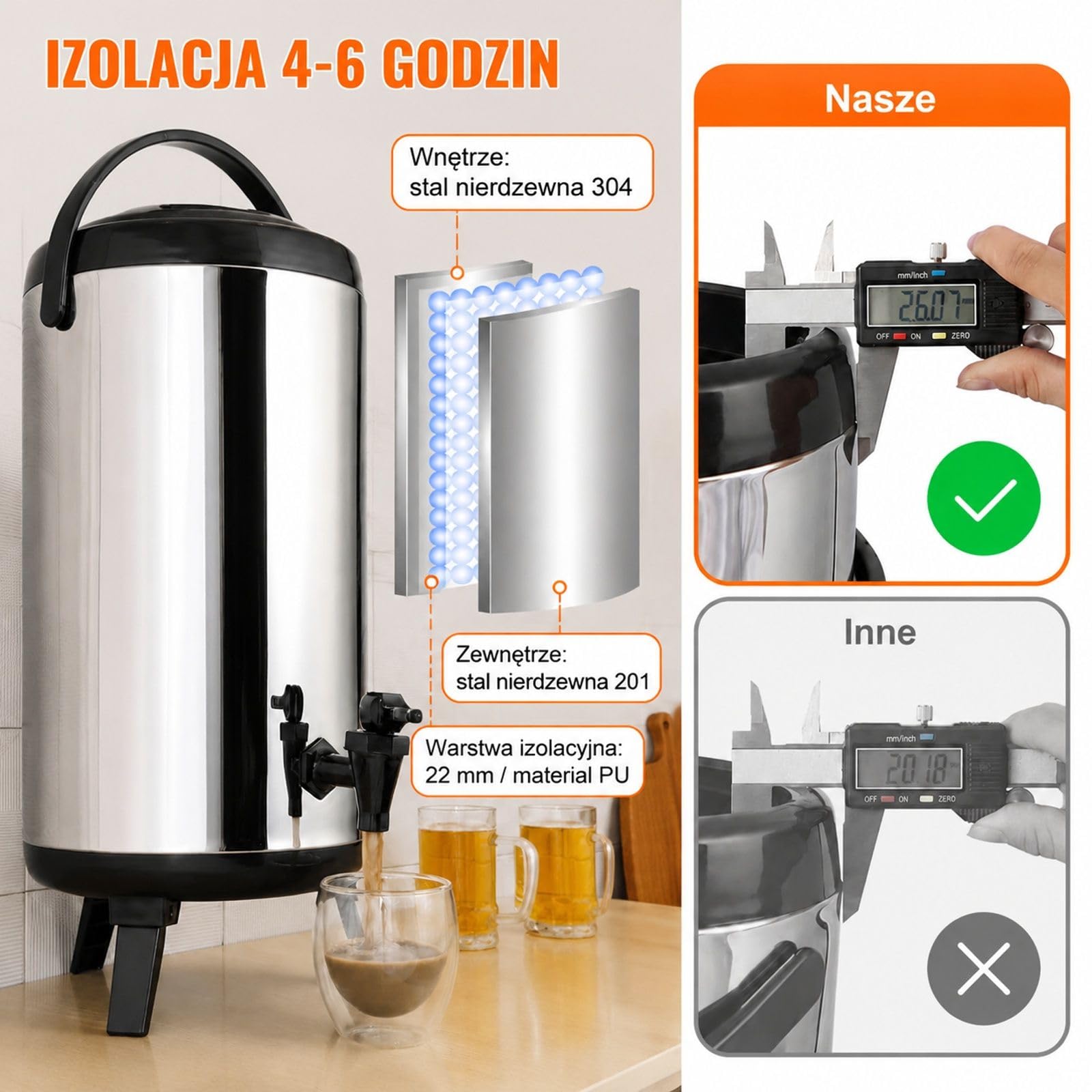 Dystrybutor napojów gorących i zimnych 9,2 l, stal nierdzewna, duży dystrybutor napojów z kranem i uchwytem do przenoszenia, do kawy, wody, soku, termos do kawiarni i barów