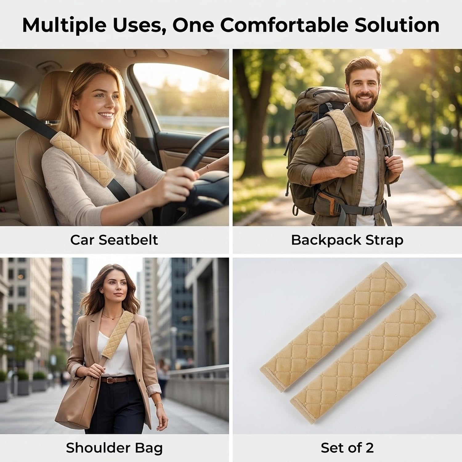 2 Pack Wear-Resistant Seat Belt Covers, Premium Seatbelt Pads for Adults, Ergonomic Shoulder Pads, Universal Seat Belt Cover Pad for Car Interior(Dark Beige)