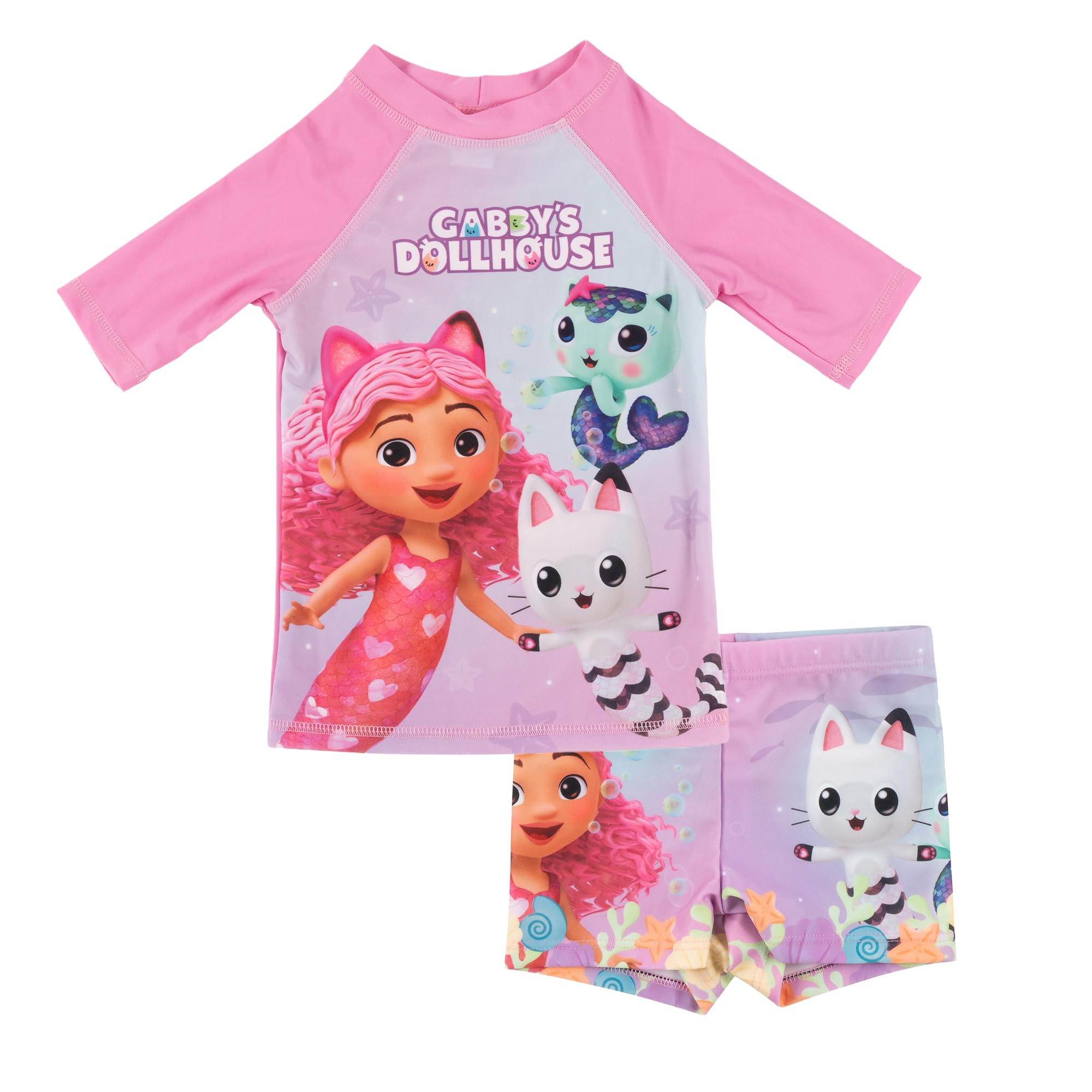 United Labels Gabby's Dollhouse Badeanzug zweiteilig UV Schutz 30 für Mädchen, Rosa Lila, Bademode Kinder mit Shirt und Badehose, Badebekleidung