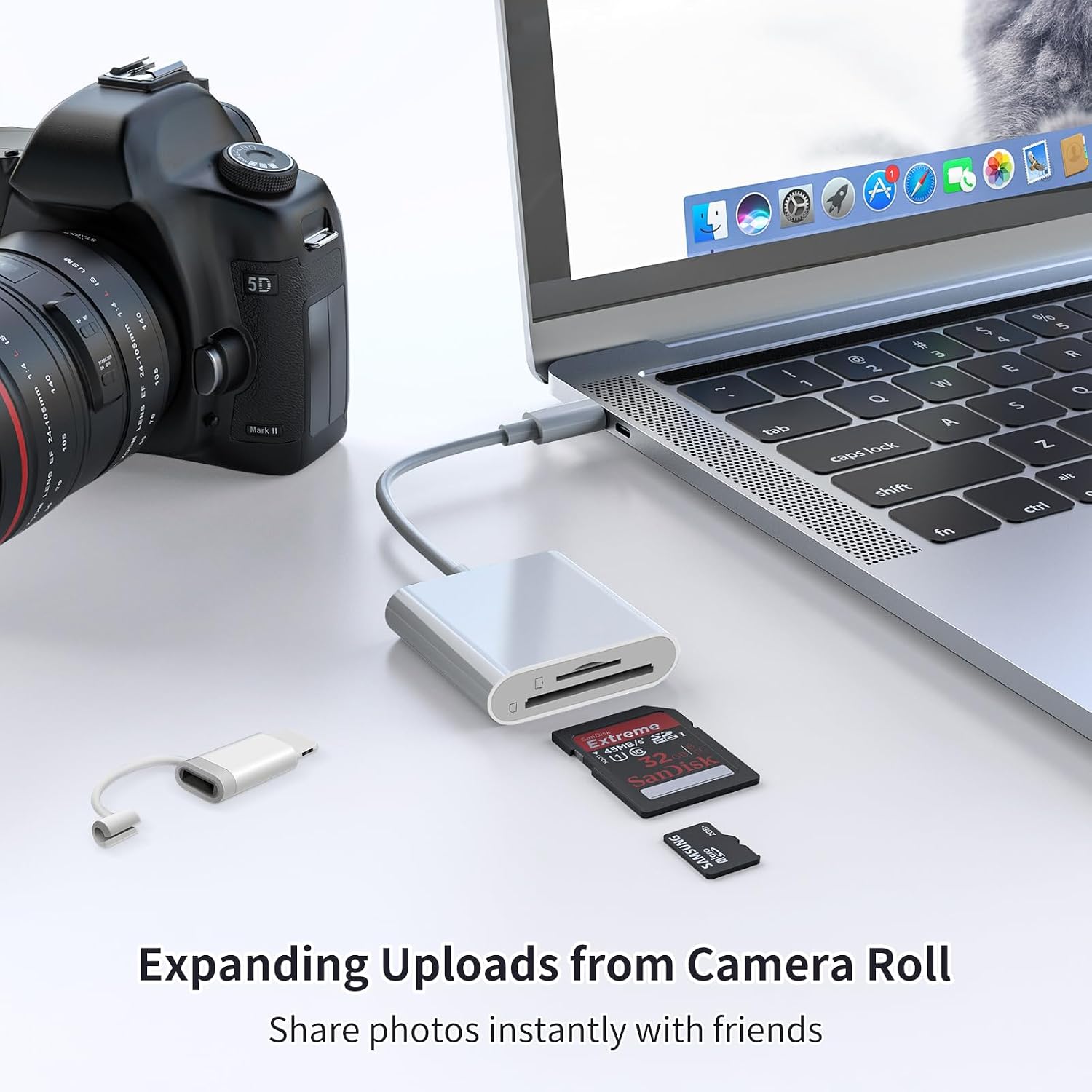 SD Card Reader for iPhone iPad, Support SD/MicroSD Cards, Portable High-Speed Digital Trail Game Camera to iPhone Viewer, White Dual Connector Memory SD Card Adapter, 2 Slots Plug and Play