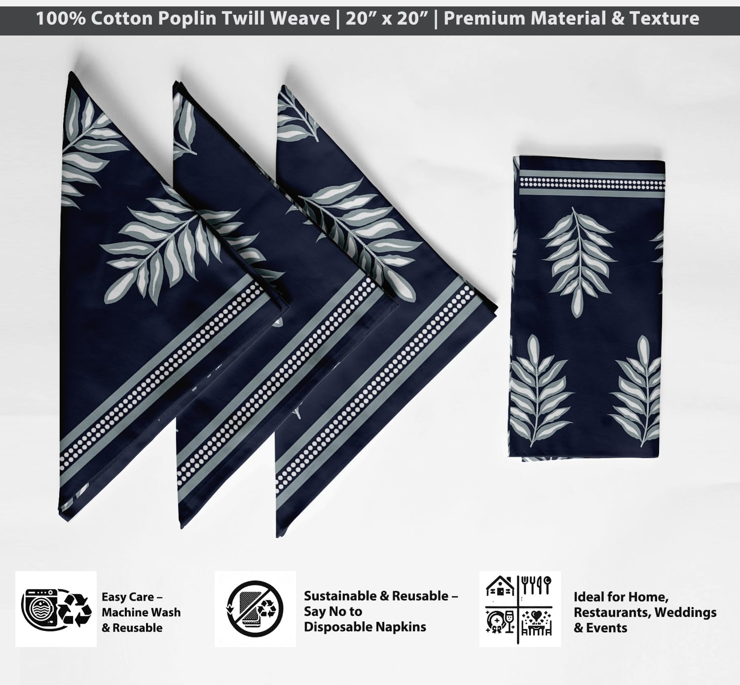 Luxury Cotton Twill Napkins - Set of 12, 20-Inch Leaves Print, Premium Thick Cloth Napkins for Elegant Dining & Special Occasions - Soft, Absorbent & Machine Washable