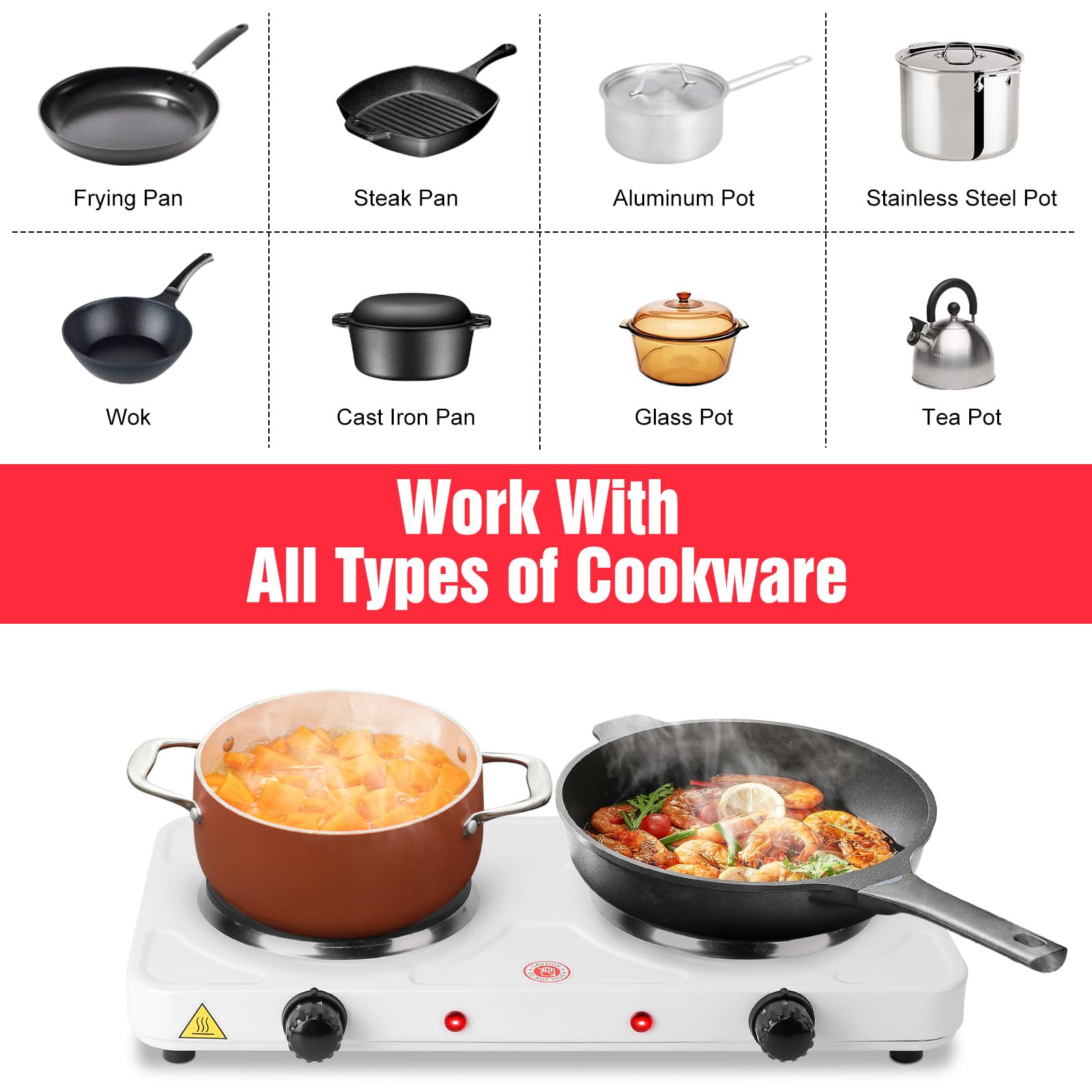 Hot Plate,Portable Electric Stove,2000W Cast-Iron Countertop Double Burners with 5 Gear Temperature Control for Dorm Office/Home/Camp, Compatible Compatible w/All Cookwares