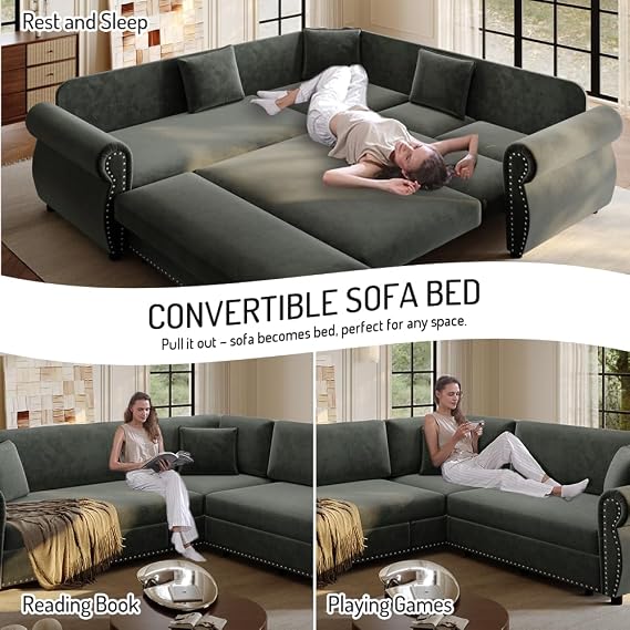 88.2'' Sectional Sleeper Sofa Bed, Convertible Pull Out Couch, Dark Grey