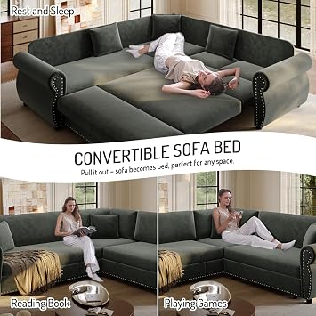 88.2'' Sectional Sleeper Sofa Bed, Convertible Pull Out Couch, Dark Grey