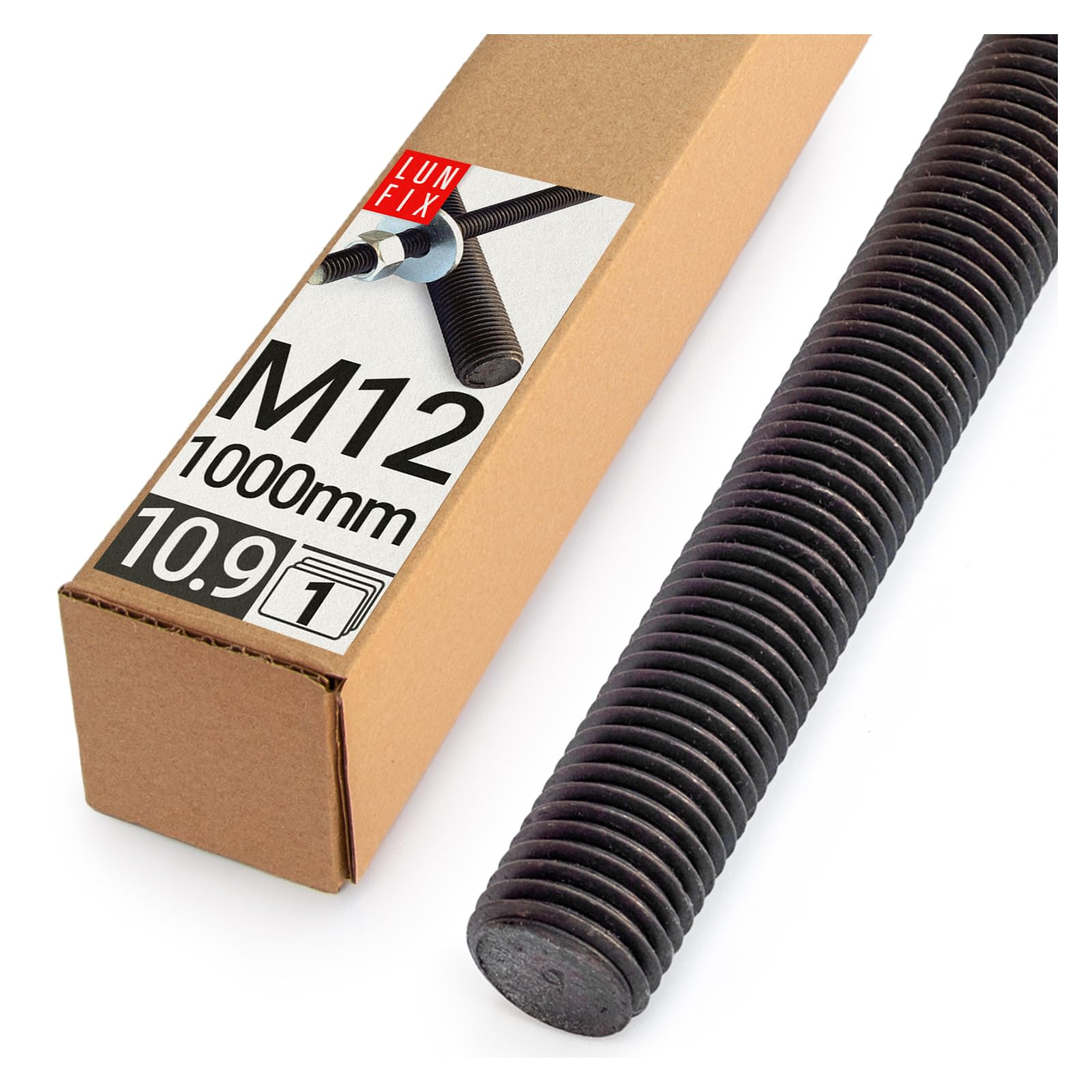 Varilla Roscada M12x1000 mm, Acero 10.9, 1 pieza, Métrica Completa DIN 976, Rosca Métrica, Varilla para Anclaje, Fijaciones Metálicas y Montaje Industrial, Barra Roscada Metálica, Lun Fix