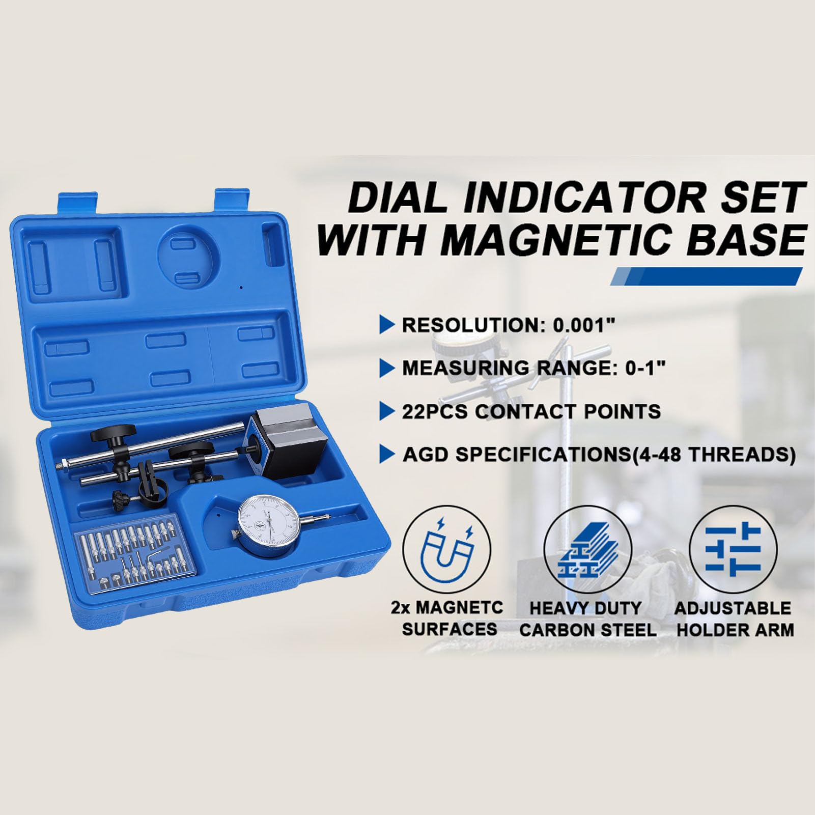 Naroote Set Comparatori a Quadrante da 0-10 Mm, con Supporto Base Magnetica, Braccio Lungo Regolabile e Precisione di Prova da 0,01 Mm per Misurazione e Ispezione Accurati