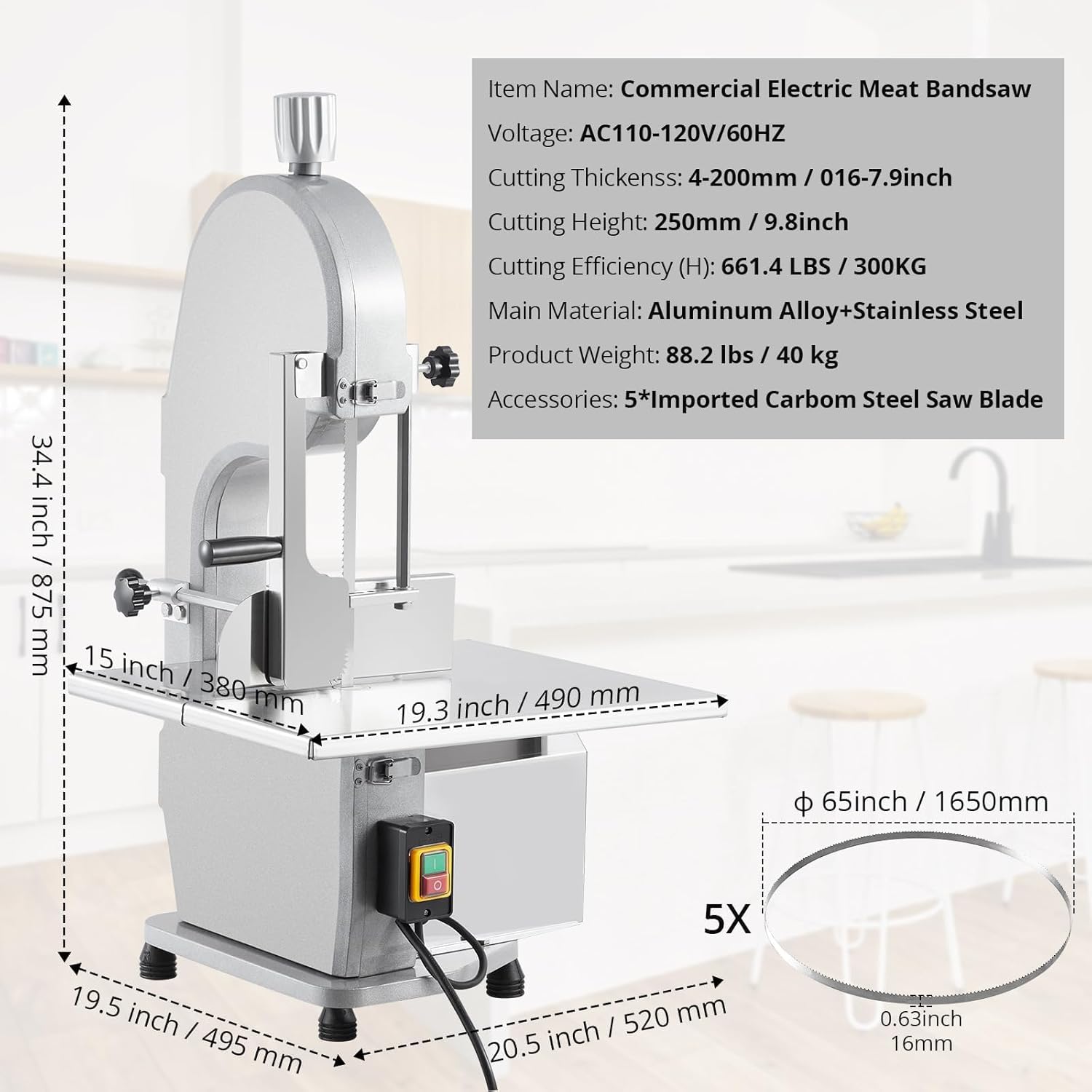 1100W Commercial Electric Bone Saw Machine, Frozen Meat & Bone Cutter with 5 Saw Blades, Adjustable 0.16-7.09 Inch Thickness, 19.3"x15" Stainless Work Table for Butcher Shops, Restaurants, Supermarket