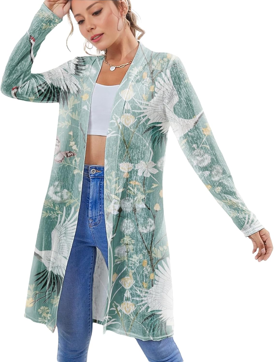 Womens Cardigan Outfits Trendy Casual Long Sleeve Open Front Mid Length Graphic Loose Beach Summer Shirts