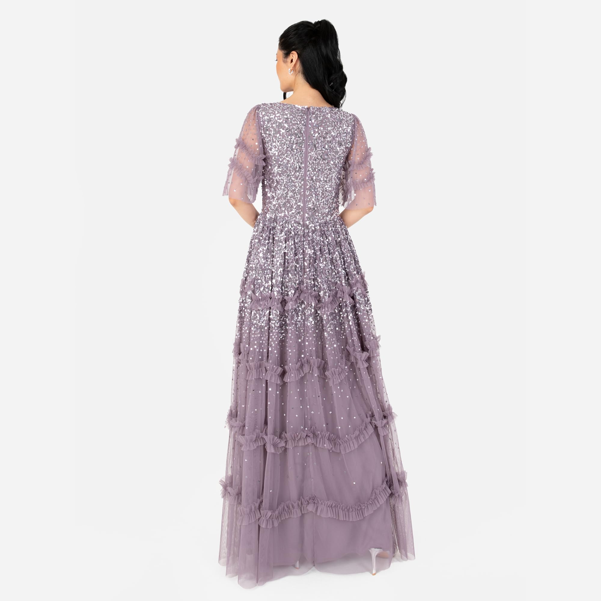 Maya Deluxe Women's Maxi Dress Ladies V-Neck Sequin Embellished Ruffle Detail for Wedding Guest Bridesmaid Prom Occasion Ball Gown