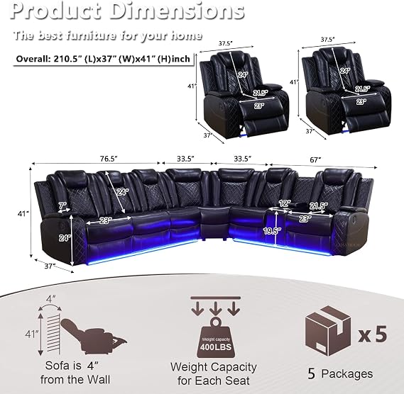 Black Power Reclining Sectional Sofa Set, Living Room Furniture Sets, Leather Recliner Corner Couches and Chair, Power Recliner Sectional with Cup Holder/Storage Console for Living Room