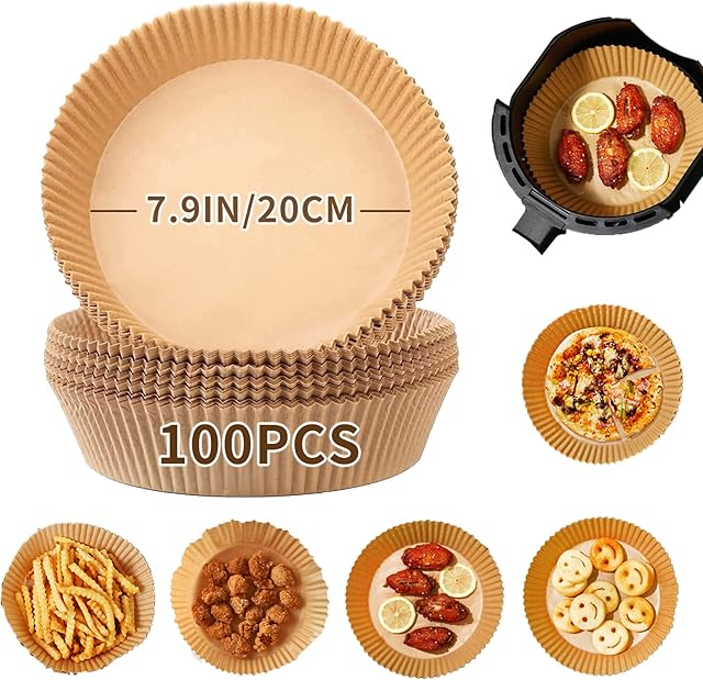 Air Fryer Liners, Bunniemen 100pcs 7.9in Airfryer Liners Food Grade Baking Parchment Paper Liners, Greaseproof, Waterproof, Non-Stick, Round Air Fryer Disposable Paper Liner (7.9in)