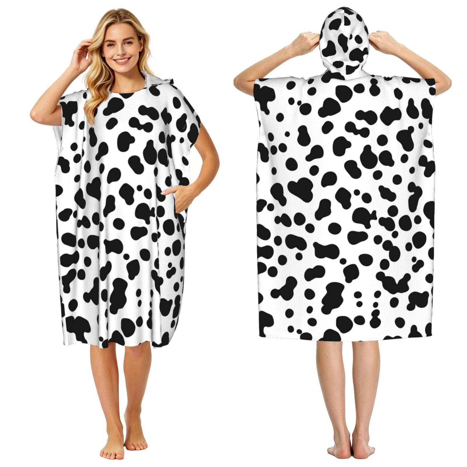 Poadnly Dalmatian Dog Seamless Pattern Or Cow Skin Texture, Adult Hooded Beach Towel 90 x 110 cm,Changing Bath Robe, Surf Poncho Towel For Women Men