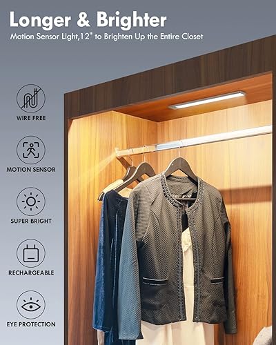 Miniatura 2 de BLS Luces LED para armario, 52 luces LED con sensor de movimiento para interiores, luces para debajo del gabinete, luces recargables USB-C para