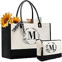 BeeGreen Personalized Initial Canvas Tote Bag for Women - Large White Black Embroidered Monogram, Leather Handles, Zipper, Makeup Bag Gift