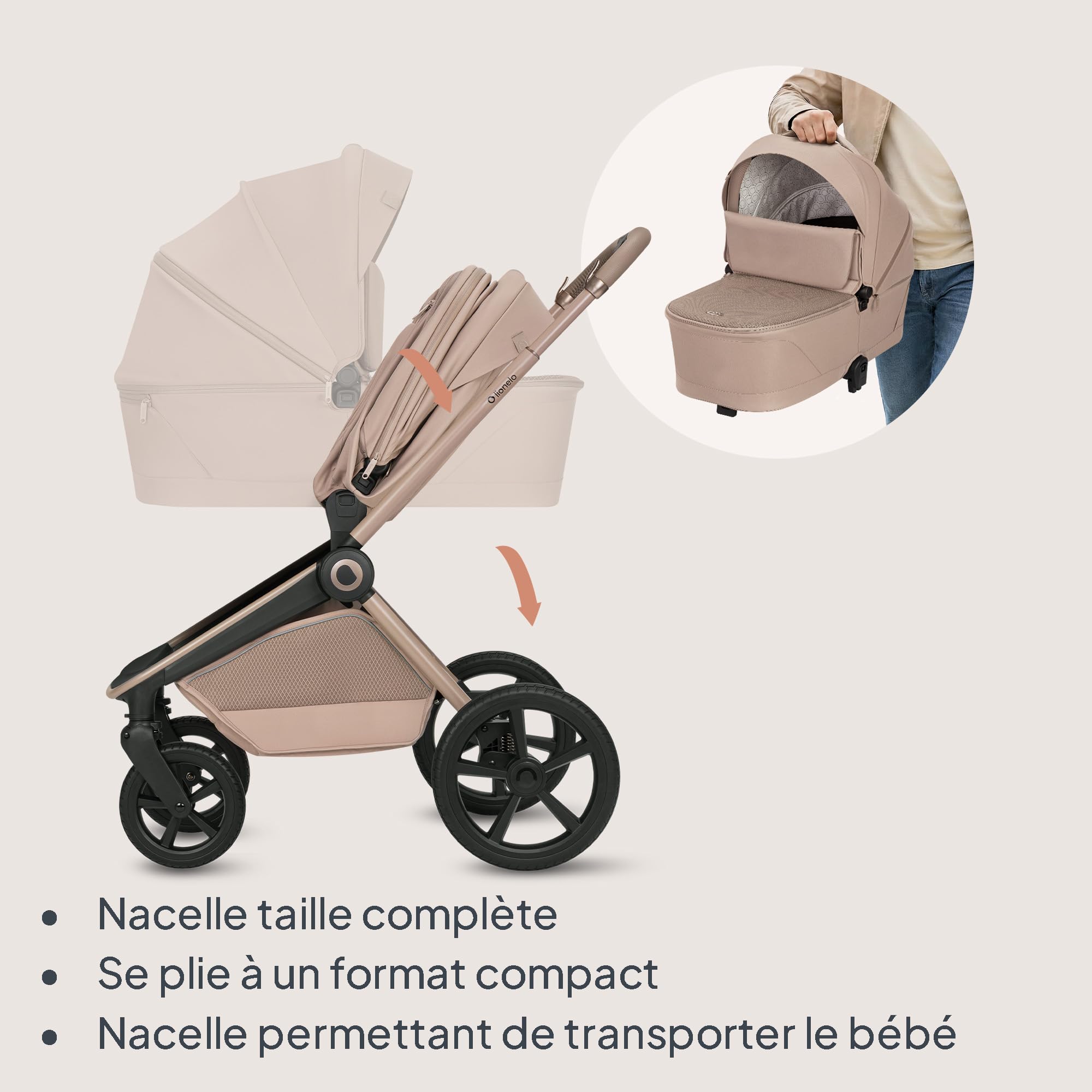 Lionelo Freya Poussette 2en1 (0-4 Ans, 0-22 Kg), Nacelle Pliable et Poussette Bebe, Position Allongée, Suspension et Roues PU, Capote UPF50+, Boucle Magnétique, Ventilation, Accessoires (Beige)
