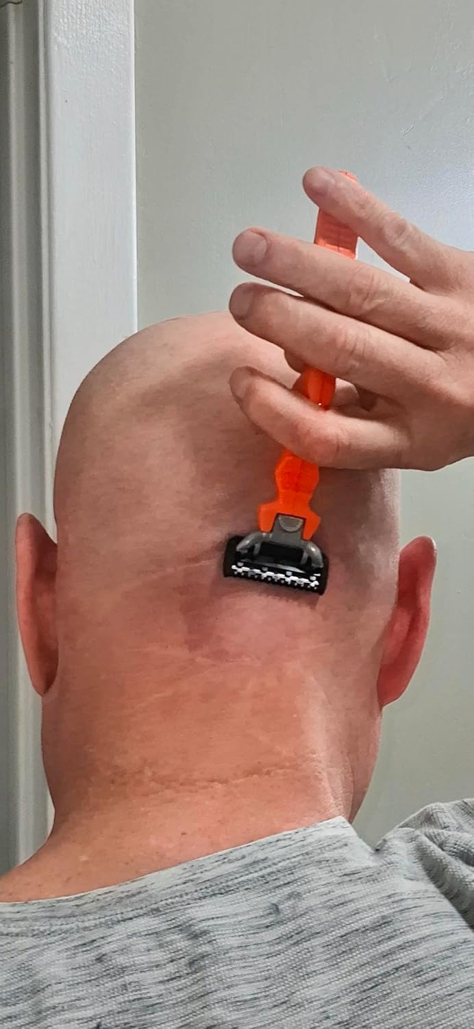 Men's Head and Face Shaver with Ergonomic Grip | Multi-Position Handle Design for Wet and Dry Head and Face Shaving (Orange, 12 three blade cartridges with orange handle)