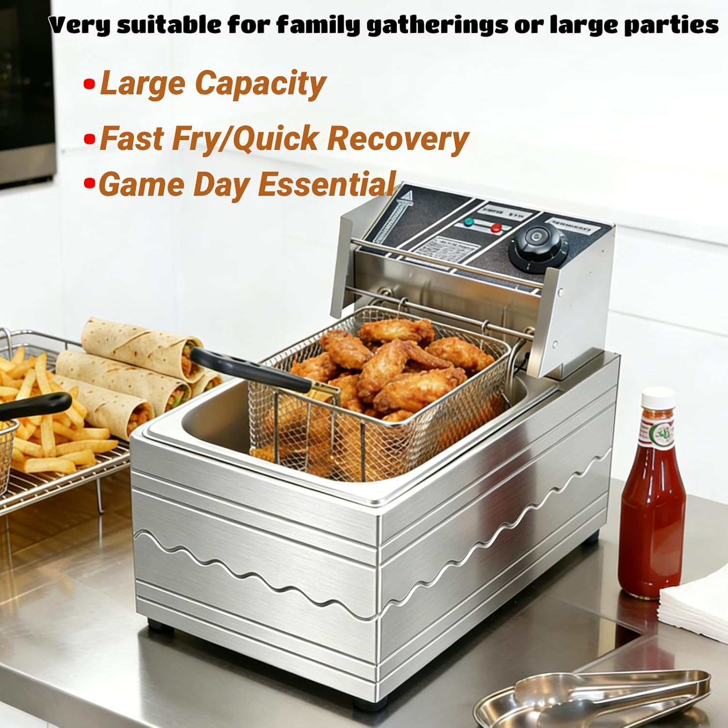 Stainless Steel Fryer with Basket, High Power, 10.5Qt, Oil Deep Fryer for Home & Commercial Countertop, High Power, 10.5Qt, Adjustable Temperature Control