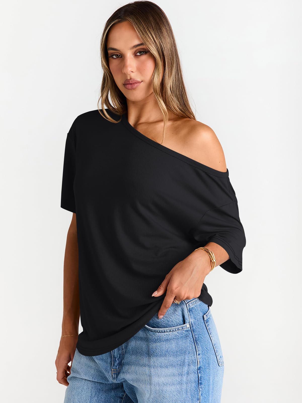 Trendy Queen Womens Off The Shoulder Tops Oversized T-Shirts Short Sleeve Tees Summer 2025 Casual Spring Fashion Clothes