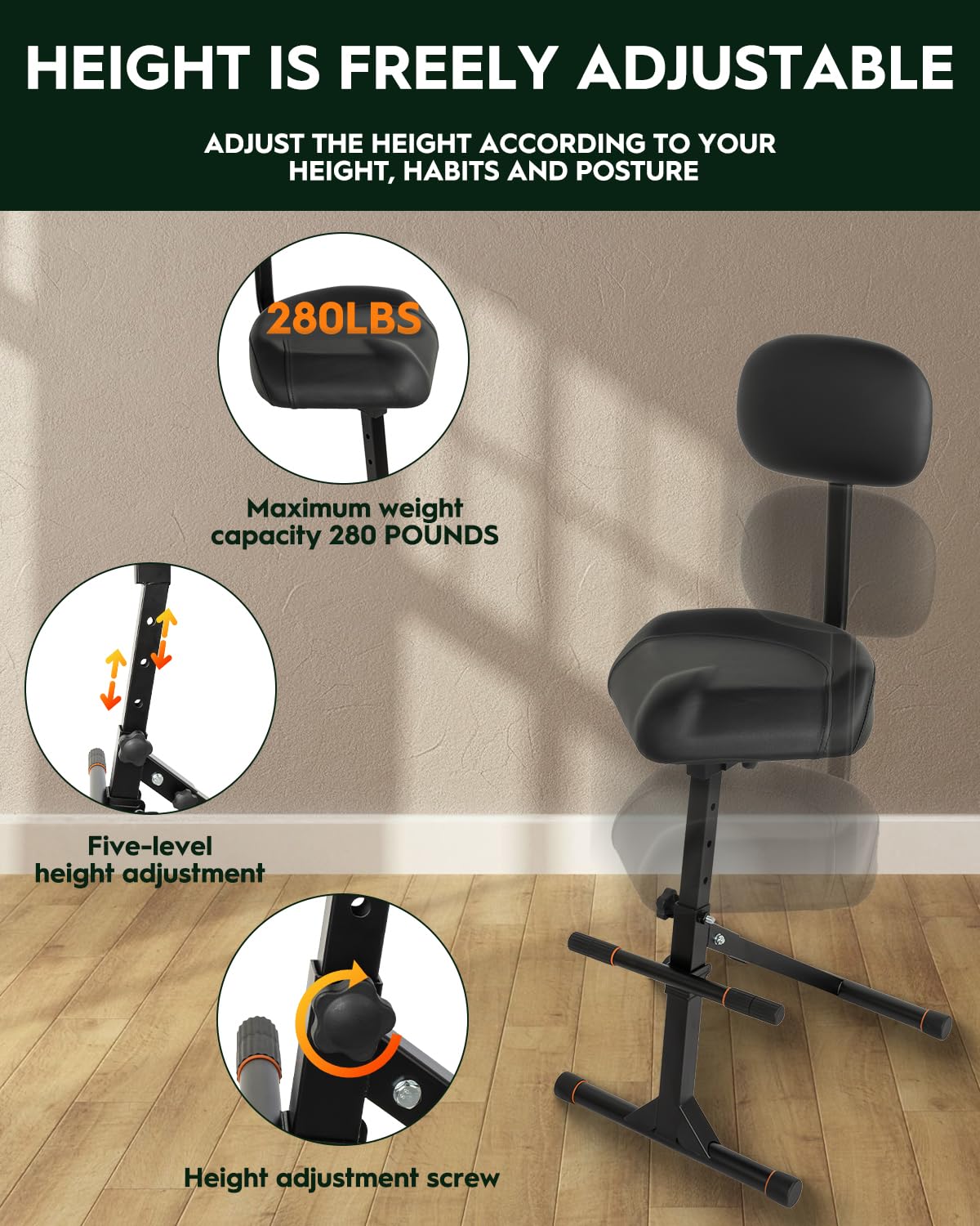STRICH Sgabello per chitarra con schienale, sgabello regolabile, seduta regolabile in altezza con gancio per bassi acustici, sgabello per tamburo per adulti, batteristi e chitarristi SGT-40