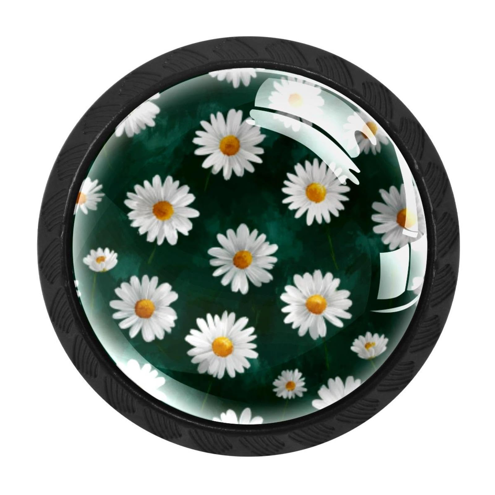 CHENZZZZ 4 Pack Black Green Background White Daisies (3) Cabinet Pulls Kitchen Cabinet Handles Ideal for Cabinet,Drawer,Cupboard and Wardrobe