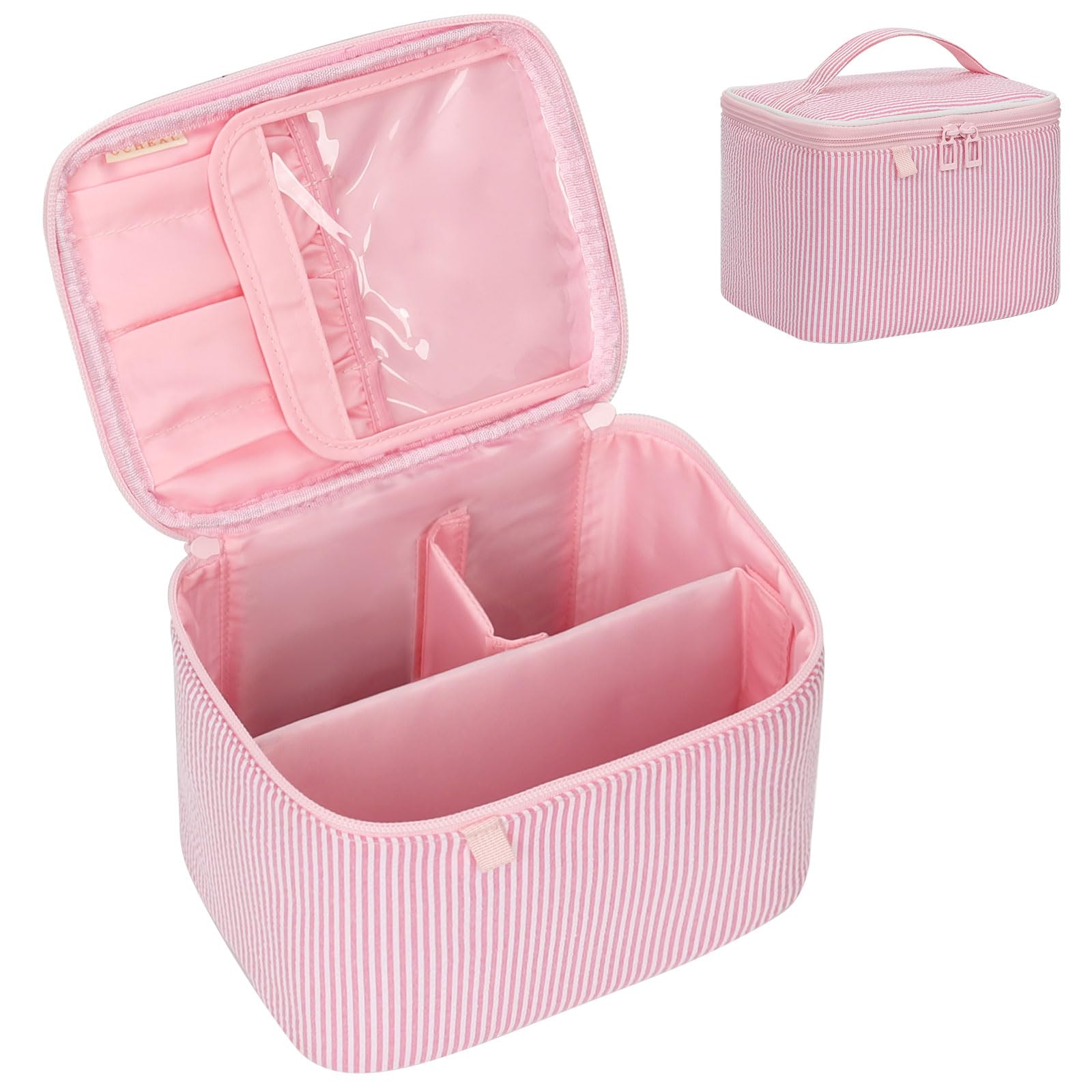 OCHEAL Makeup Bag Large Capacity Travel Make up Pouch for Cosmetics, Vertical Storage with Divider Toiletry Bag for Skincare Organization-Pink