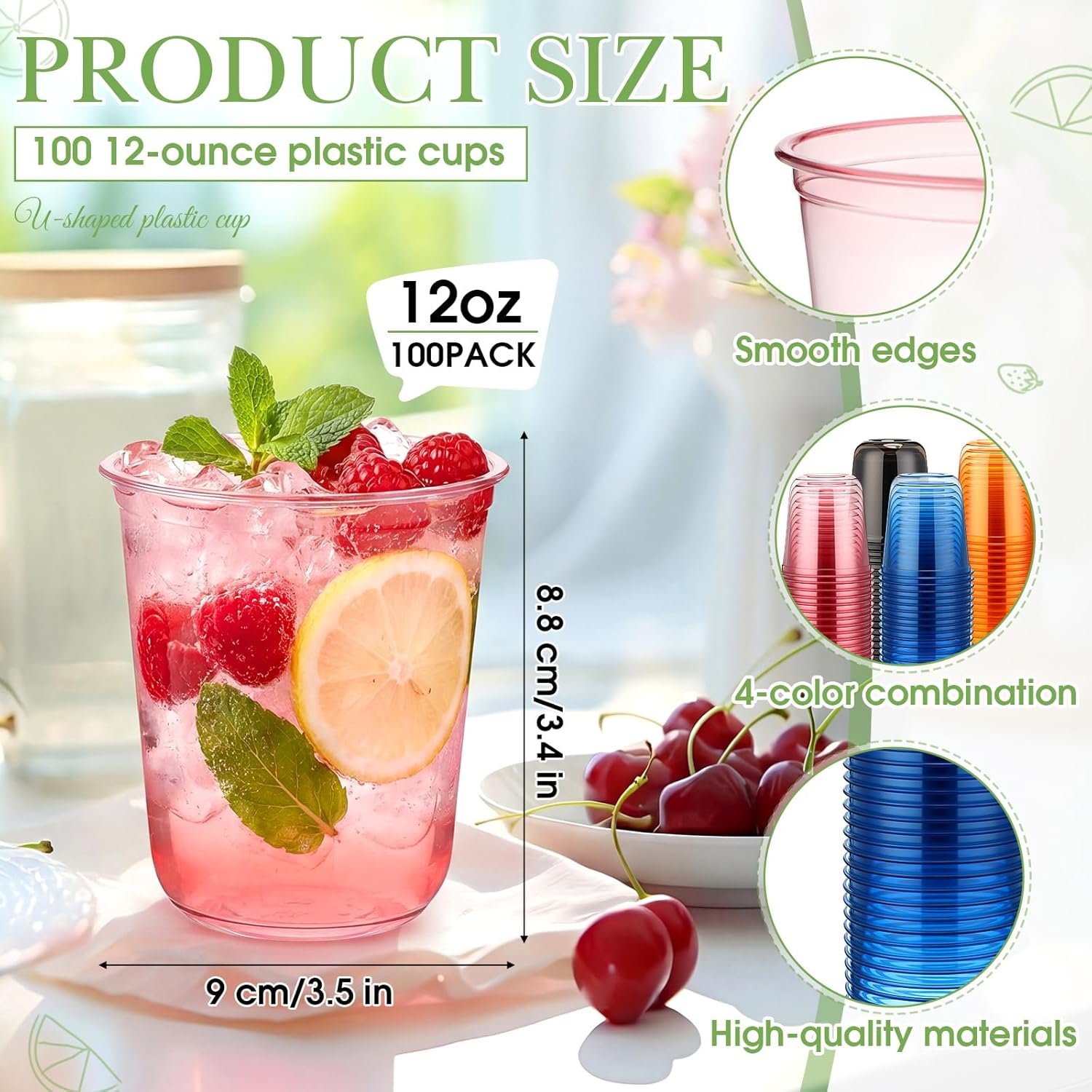 100 Pcs 12oz U Shaped Plastic Cups Clear Disposable Stemless Glasses Drinking Cup Reusable Cups Multicolor Plastic Wine Drinkware for Weddings Birthdays Cocktail BBQs Party
