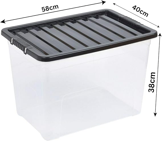 Easy Shopping® 10 x Extra Large 80L 80 Litres Clear Plastic Storage Box with Black Lid, Strong Stackable Storage Container Box Home, Office, Kitchen, Made In U.K.