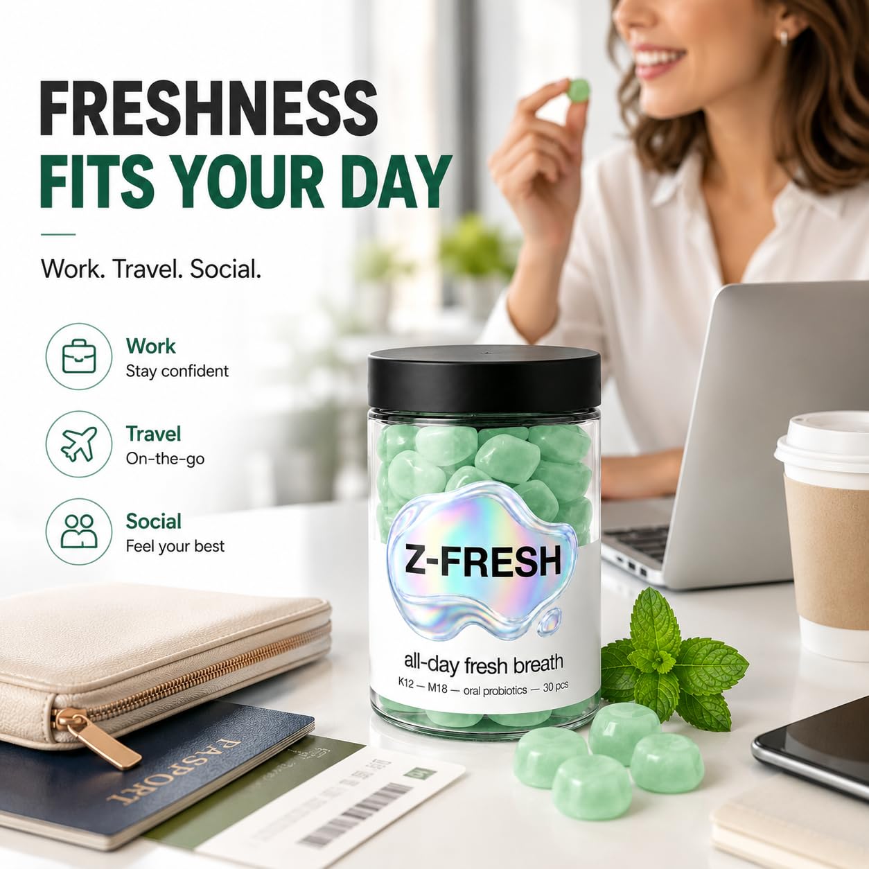 Z-FRESH Breath Gummies, for Bad Breath with Zinc Citrate and Xylitol, Sugar Free Vegan Chewable Oral Care Supplement, 30 Count