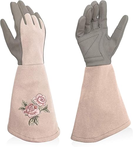 Vista 8 de Guantes de poda de rosas resistentes a las espinas, guantes de jardinería bordados con protección extra larga para antebrazo Rosa rojo