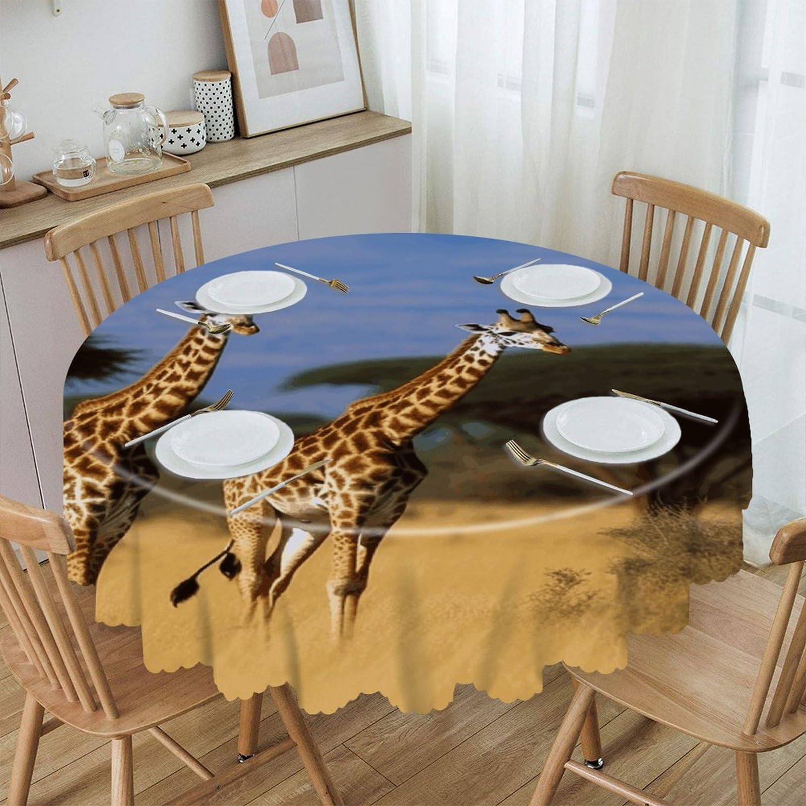 VstaDank Africa Wildlife Giraffes Round Tablecloth 60 Inch Easy Clean Round Thick Decorative Polyester Tablecloth for Dining Room Kitchen Party Farmhouse Outdoor