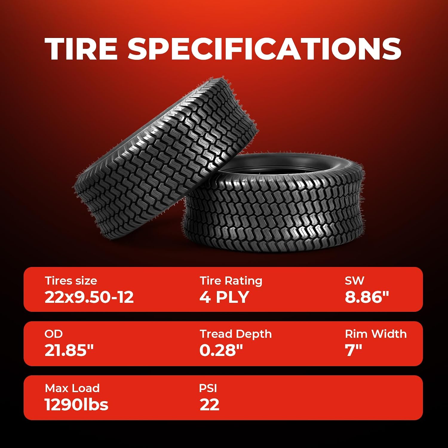 22x9.50-12 Lawn Mower Turf Tires (Set of 2), 4 Ply Turf S Pattern 22x9.5x12 Tubeless Tires for Lawn & Garden Riding Mower Tractor Golf Cart Utility Vehicles