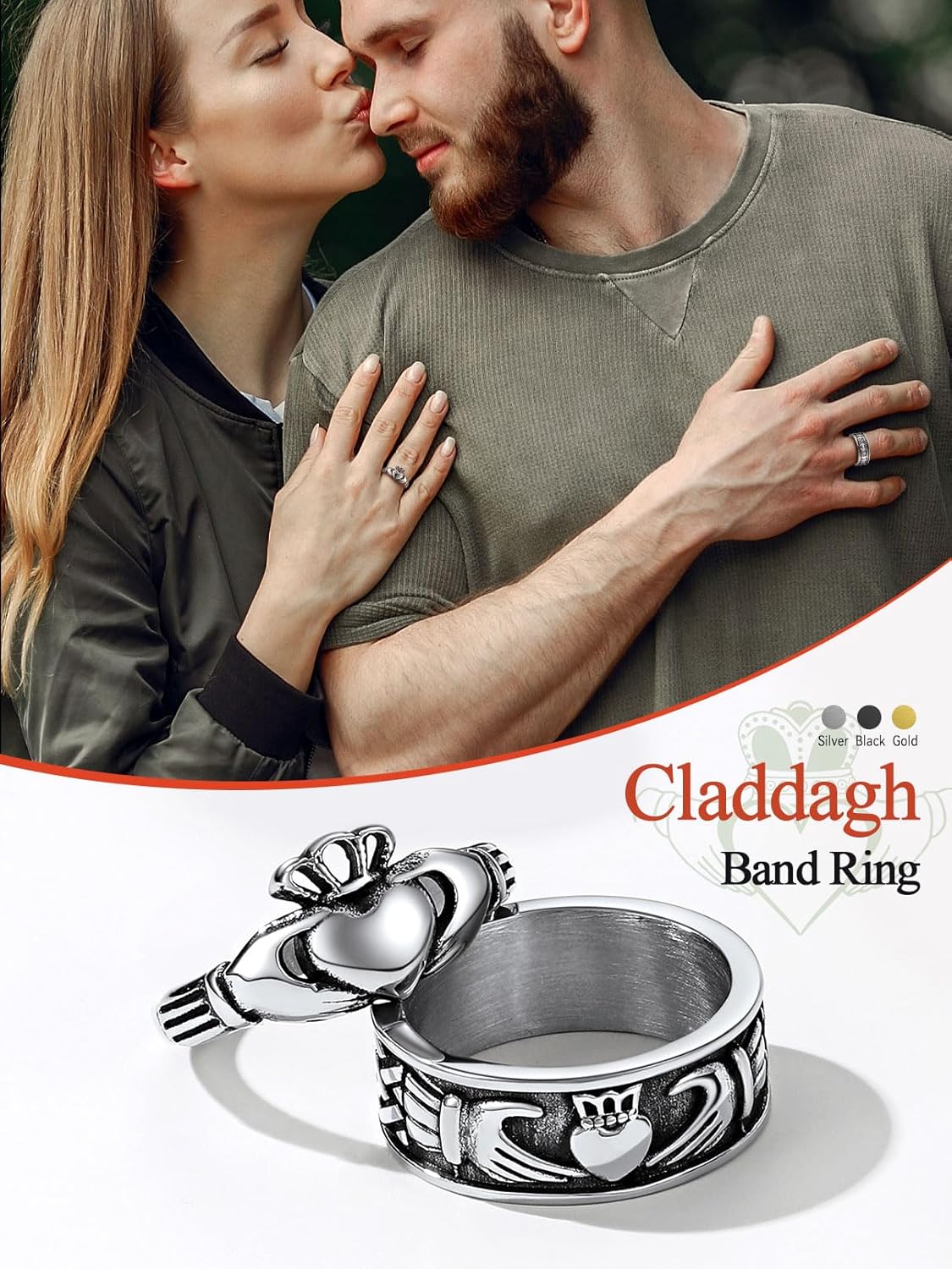 FaithHeart Claddagh Rings for Love, Stainless Steel/18K Gold Plated Women Men Wedding Band Ring Personalized Custom - Image 2