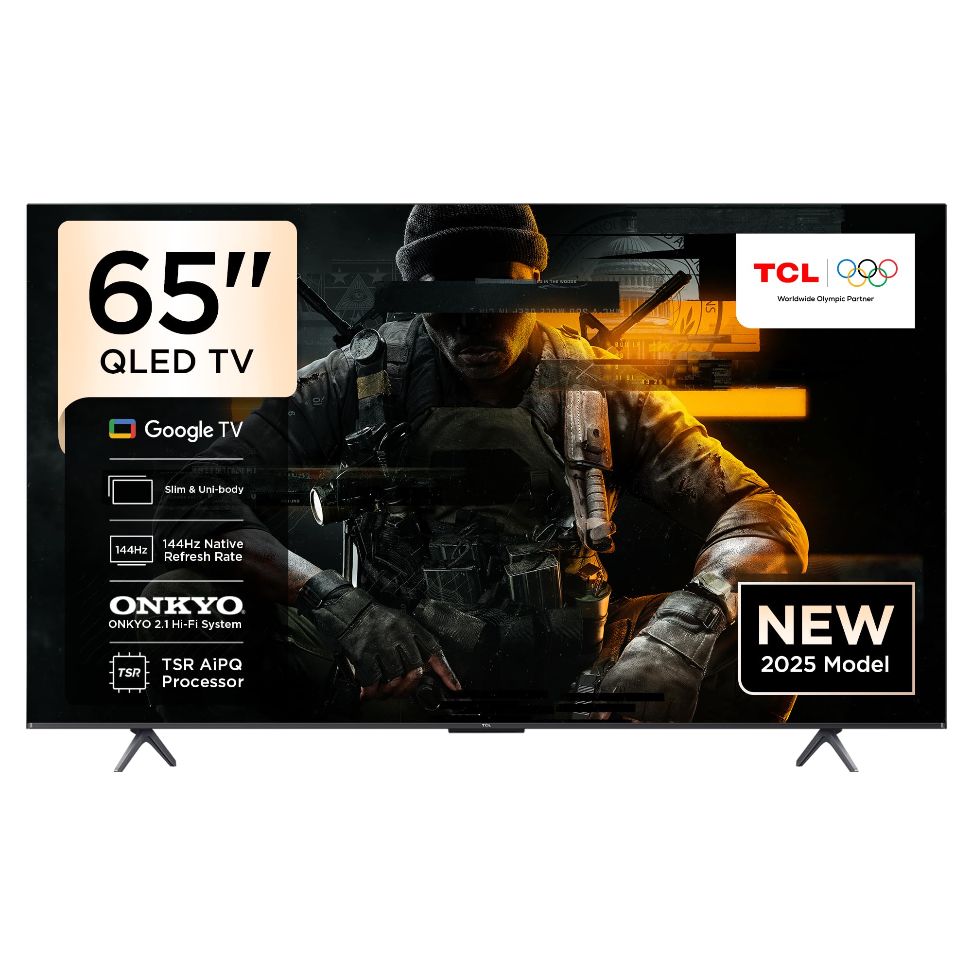 TCL65T8C Television 65 Inch Smart TV 4K QLED Colorful Quantum Crystal HDR 10+ Gaming Google TV, 144Hz Native Refresh Rate, ONKYO 2.1 Hi-Fi, Dolby Atmos, DTS Virtual X, MEMC, Game Master (2025 Model)