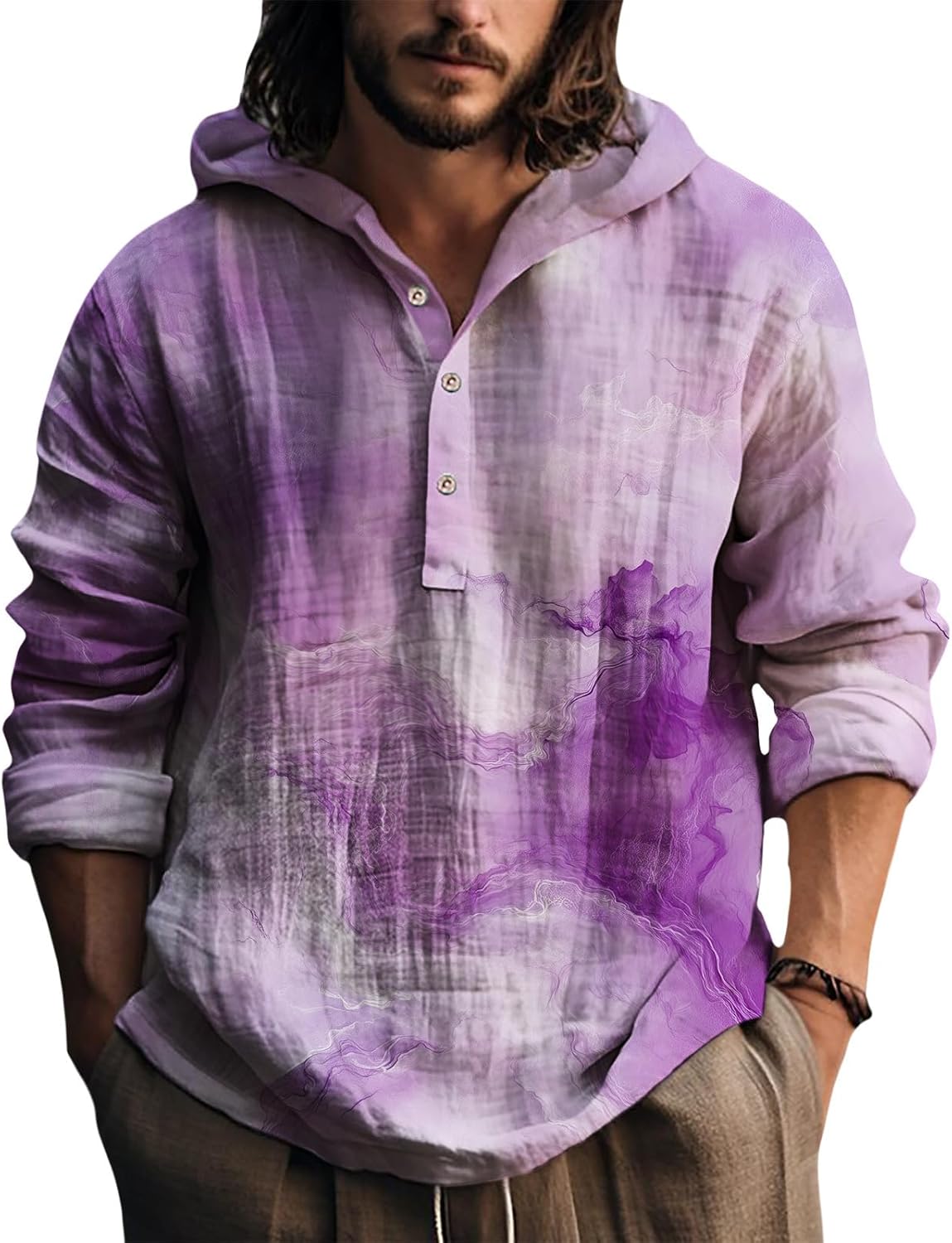 Mens Hooded Tie Dye Button Up Shirt Long Sleeve Casual Pullover Top Relaxed Fit Bea...