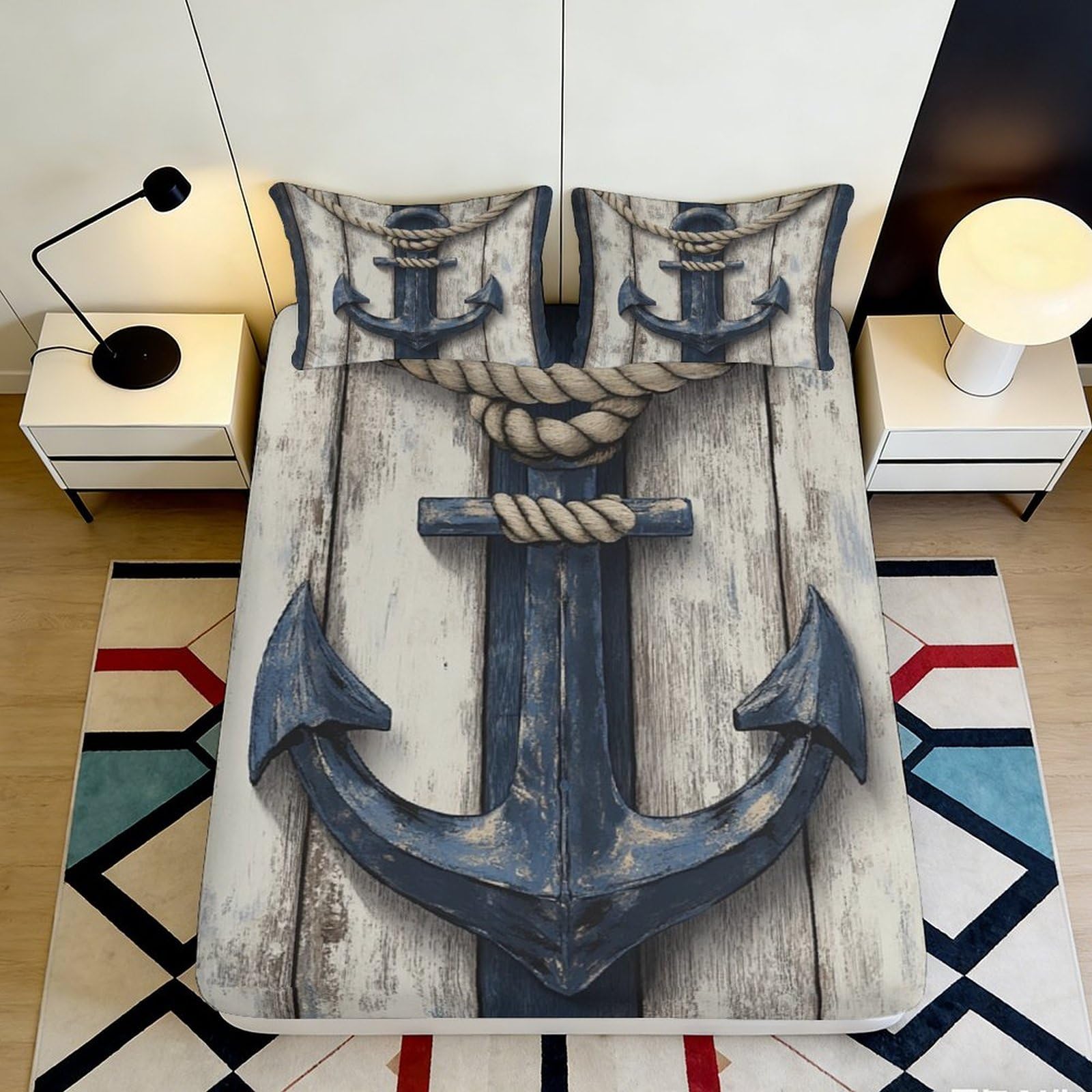3D Printed Nautical Anchor Fitted Sheet Microfiber Soft Blue Wood Rope Bed Cover for Bedroom Guestroom Mattress Protection Decor 200x200x25cm