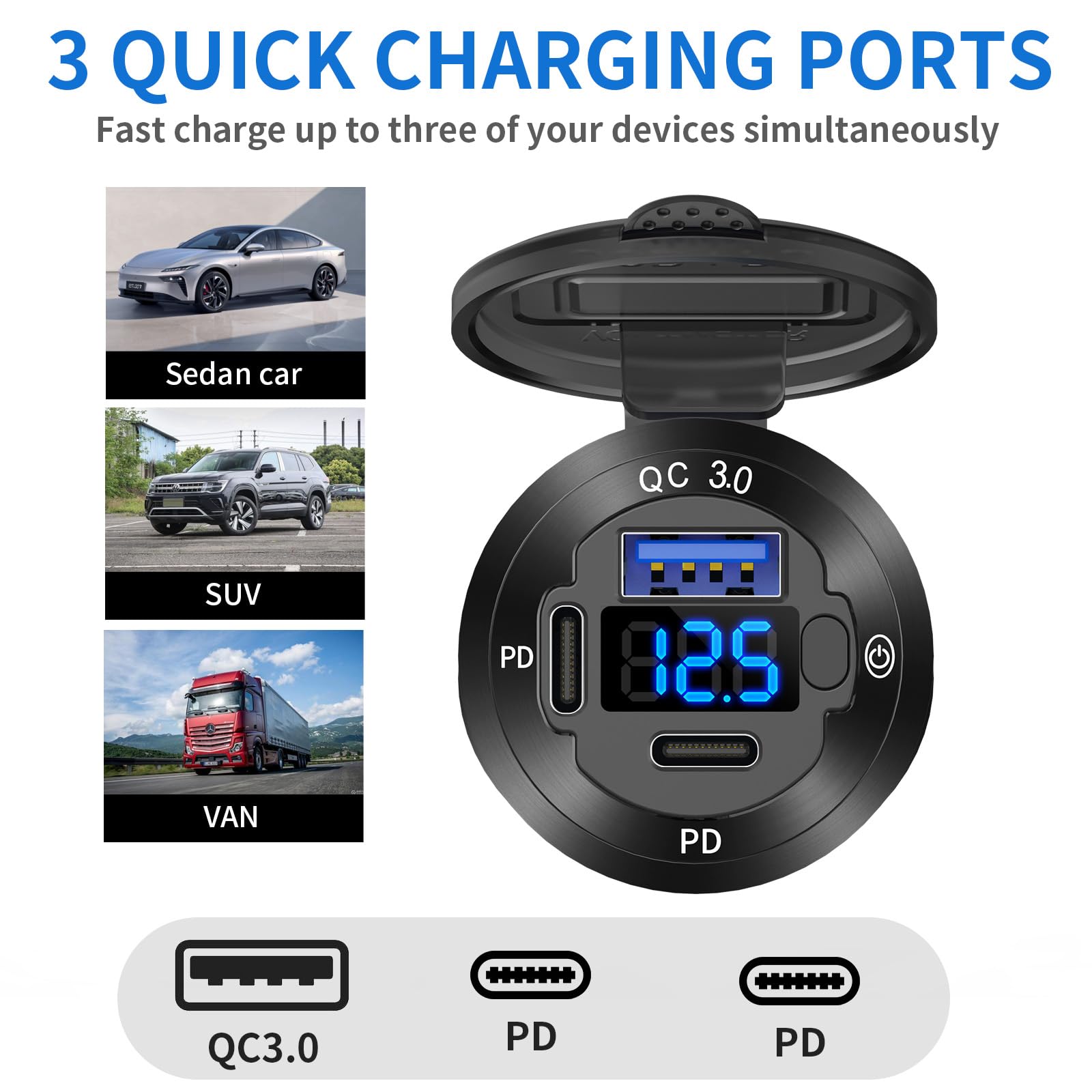 Paquete de 2 salidas USB de 12 V, 3 puertos, cargador de coche de 78 W, doble Pd, USB C, 30 W, carga rápida 3.0, cargador impermeable de aluminio con voltímetro e entrada