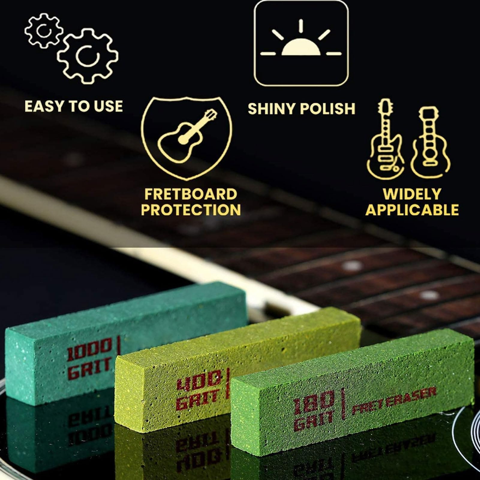 Lot De 3 Blocs De Polissage Pour Frettes De Guitare – Caoutchouc + Émeri 180/400/1000 – Nettoyage Et Brillance Rapide