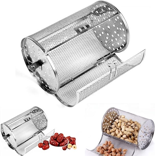 Kisbeibi BBQ Rolling Grill Basket Stainless Steel Grill Roaster Drum Oven Basket, 8 Inch Round Tumble Rotisserie Basket Electric Oven, 360 Degree Rotated Grilled Cage for Dried Nut Coffee Beans Peanut