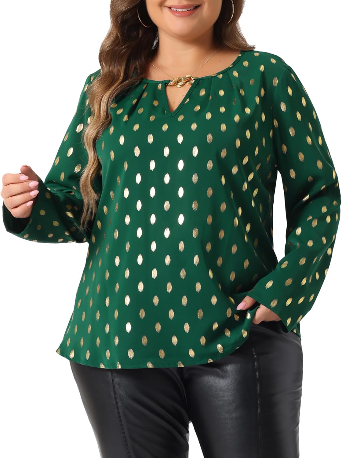 Agnes Orinda Plus Size Women's Metallic Shiny Dots Shirt V Neck Long Sleeve Blouse Gilding Sparkly Tops - Image 2