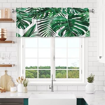 Valance for Windows Green Monstera Palm Leaves Rod Pocket Window Treatment Valances Short Curtains for Kitchen Living Room Bathroom, 54x18 in