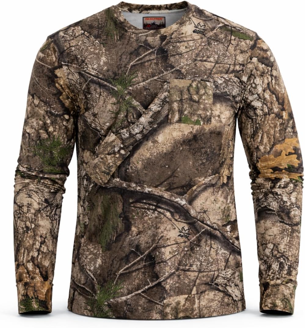 Realtree Camo Long Sleeve Hunting Shirt – Midweight 100% Cotton Tee with Ribbed Cuffs – Ideal for Outdoor & Workwear