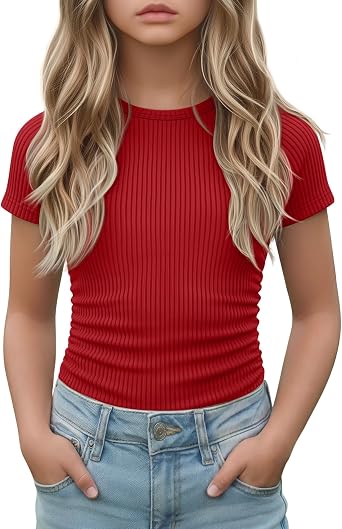 Girls Short Sleeve Shirts Cute Tees | Basic Tops, Ribbed Knit, Crew Neck, Slim Fit, Summer, Soft, School Outfit, Trendy, Ages 5-14, Solid Colors, Versatile Styling