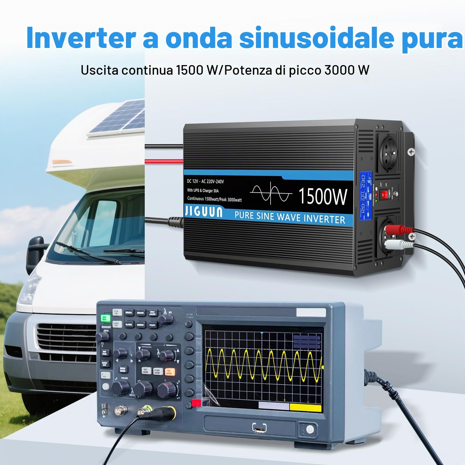 JIGUUN 1500W Inverter 12V 220V onda pura Trasformatore | caricatore 30A e circuito di priorità di rete e UPS，2 prese EU, telecomando wireless e display a LCD Potenza di picco 3000W