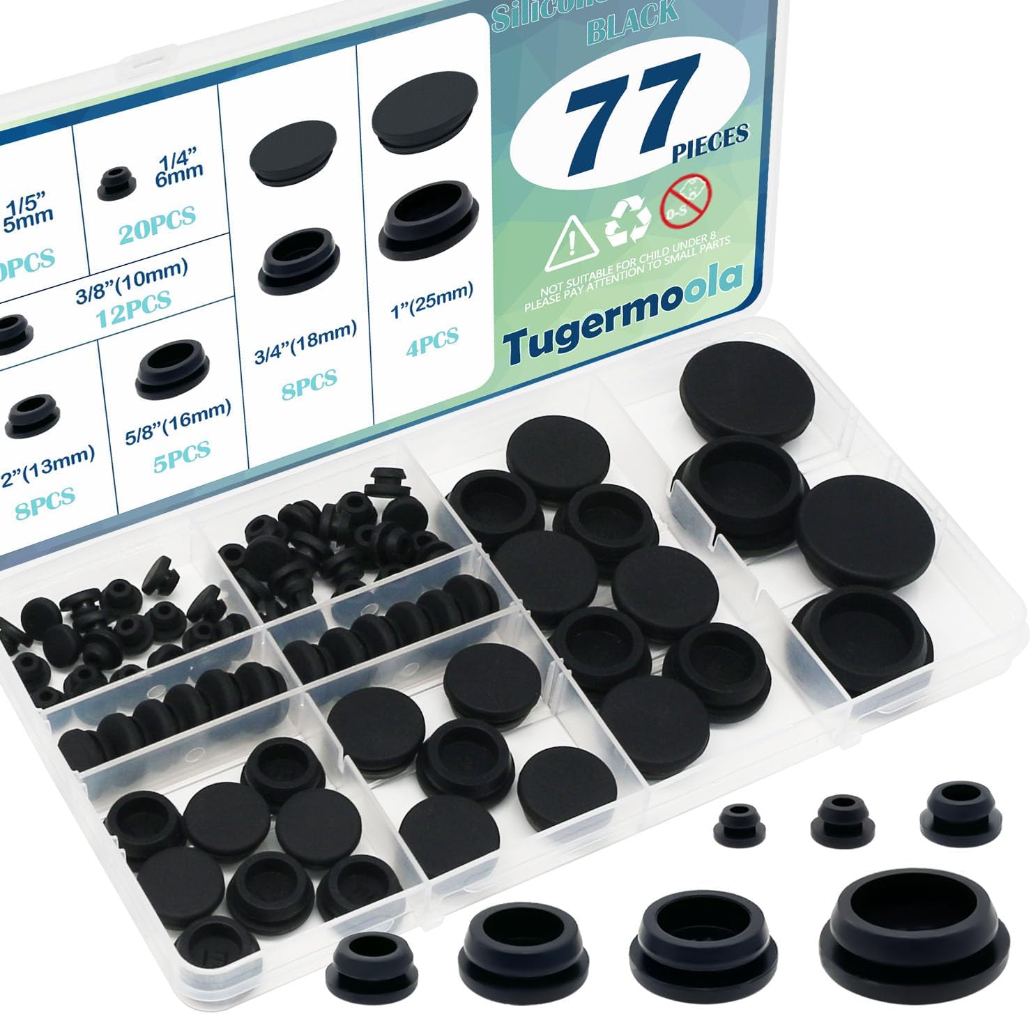 77PCS 7 Sizes Silicone Plug Rubber Plugs for Holes Assorted Sizes 1/5" 1/4" 3/8" 1/2" 5/8" 3/4" 1" Hole Plug White