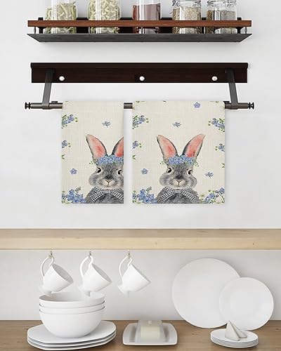 Miniatura 3 de Juego de 2 toallas de cocina de tejido de punto gofre de algodón, conejos de Pascua y flores azules primaverales, 16 x 24 pulgadas, absorbentes, de