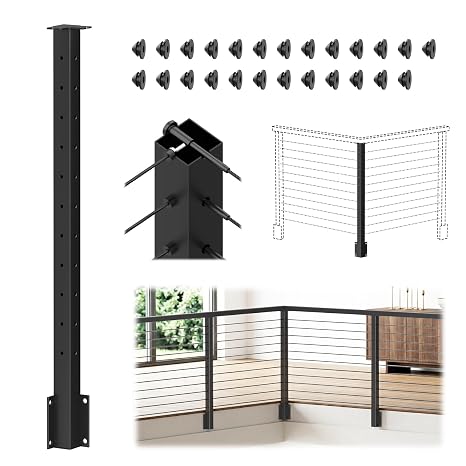 36 Black Side Mount Cable Railing Post(Post 44x2x2), T-Drilled Fixed Top Inside Corner Post, Stainless Steel Black Fascia Mount Inner Corner Post Indoor Outdoor, MY09-C